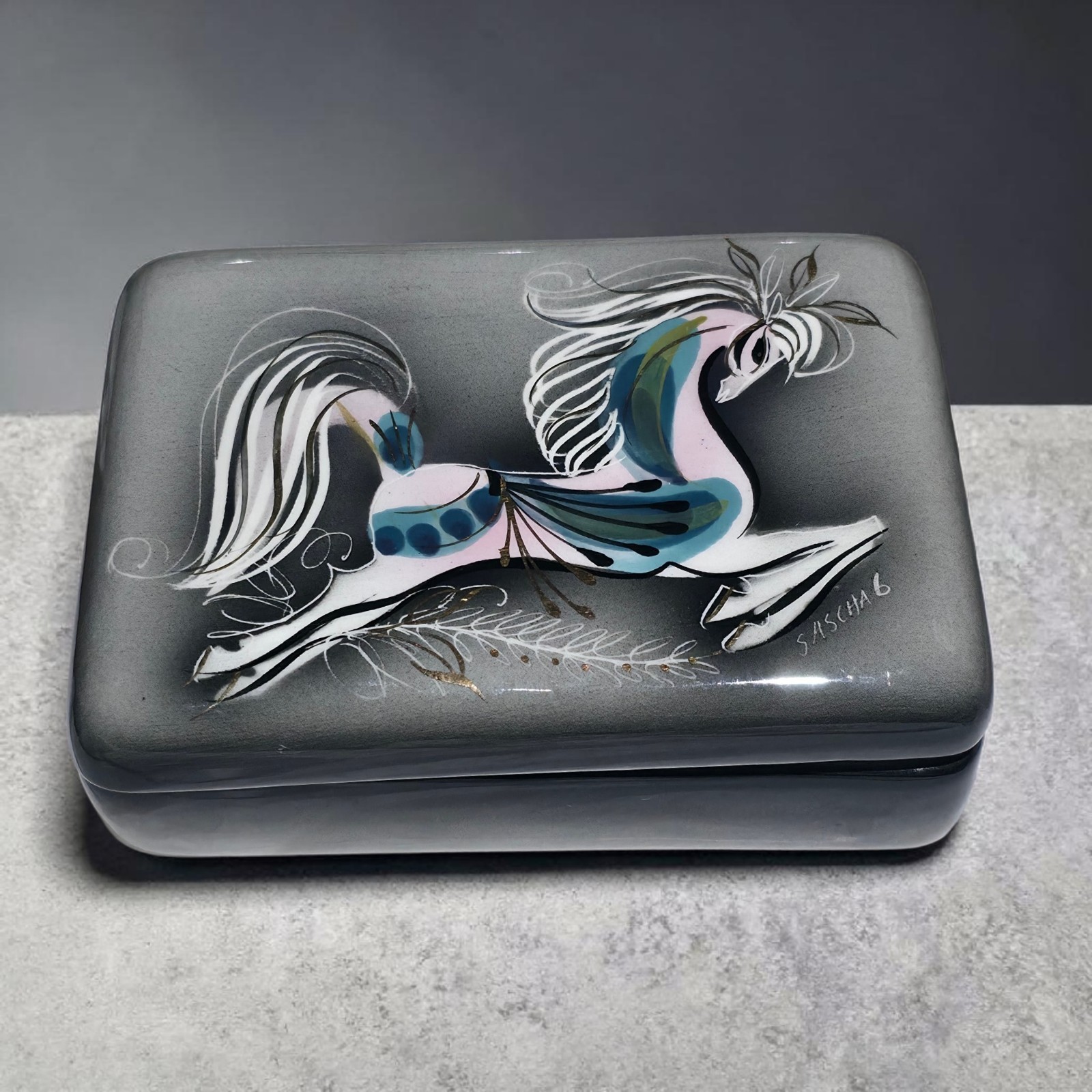 Vintage Sascha B Brastoff Horse Trinket Box MCM Ceramic Jewelry Box Atomic A2