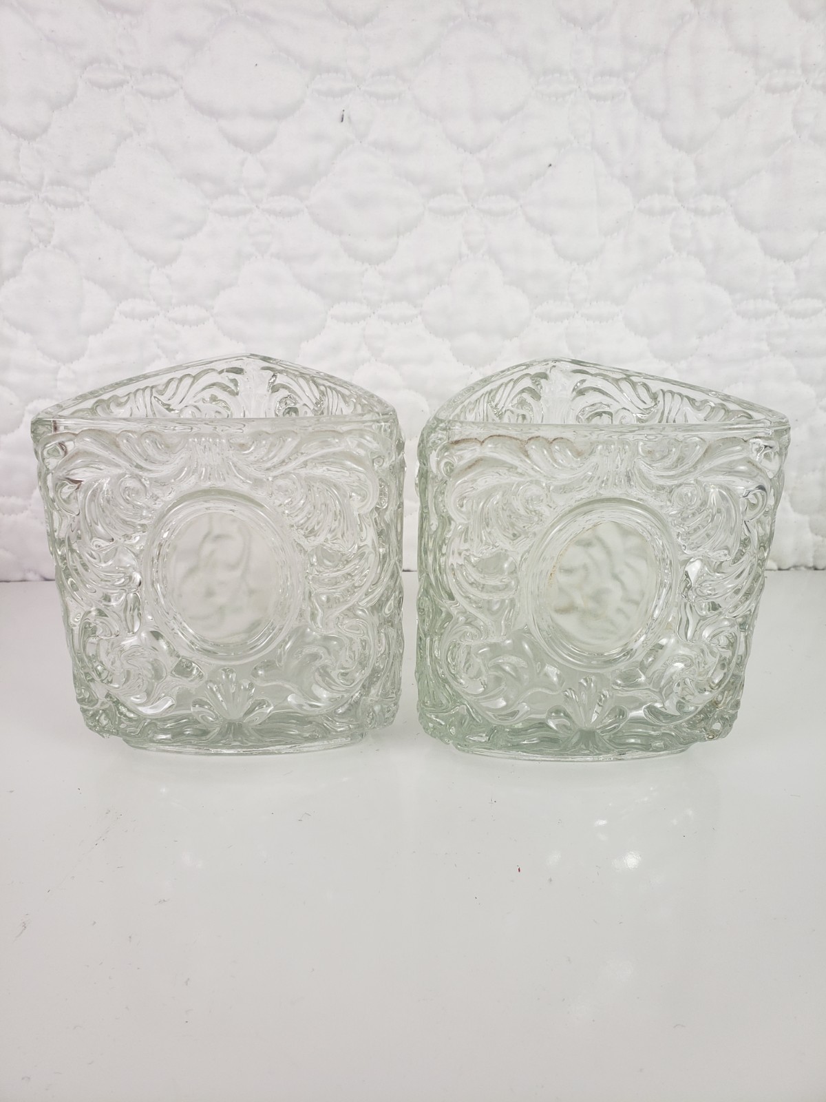 Vintage Avon Triangle Candle Holder Crystal Collection Heavy Embossed Vase 2 Pcs