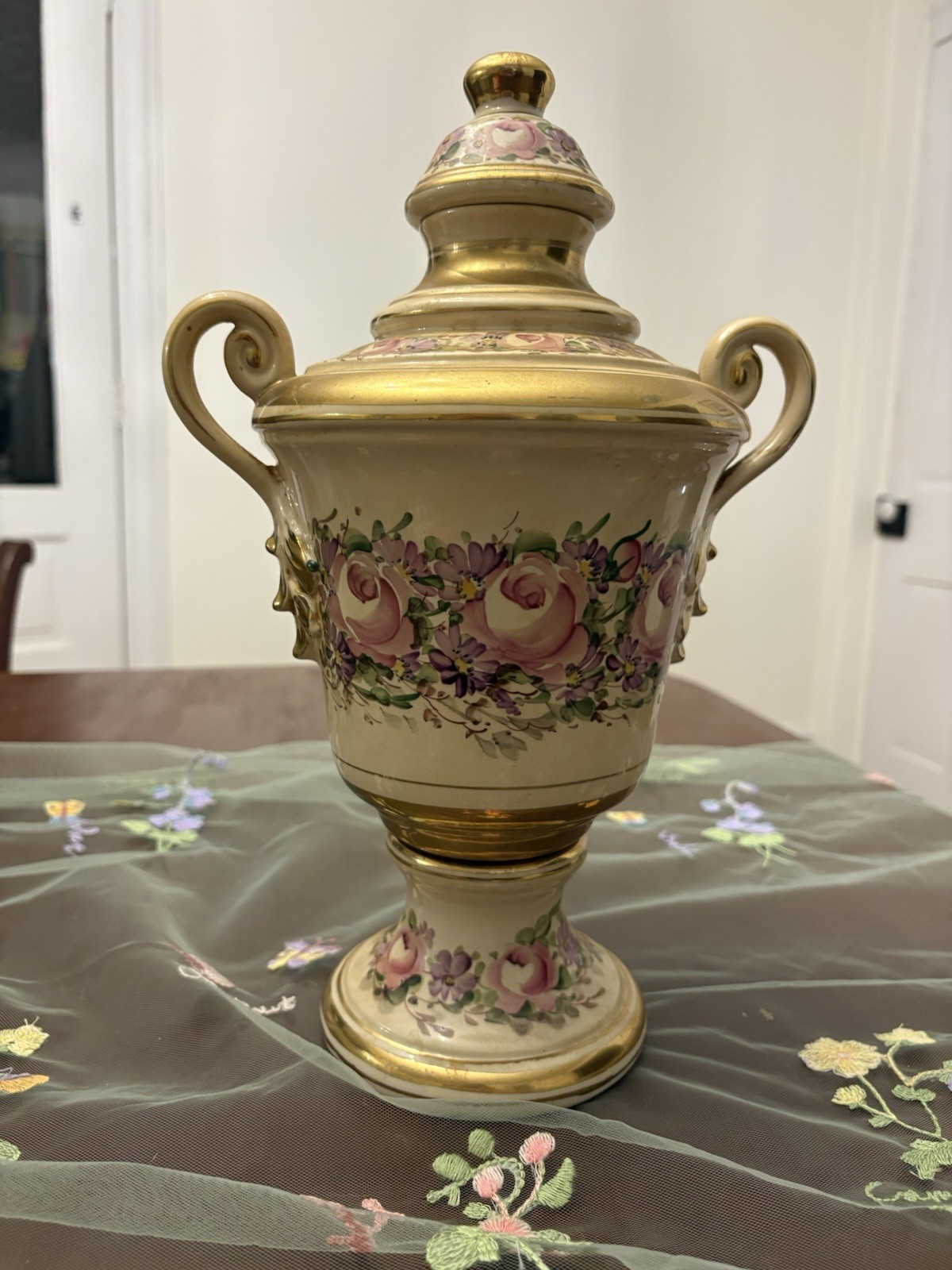 Beautiful Antique Floral Porcelain Lidded Urn/Vase