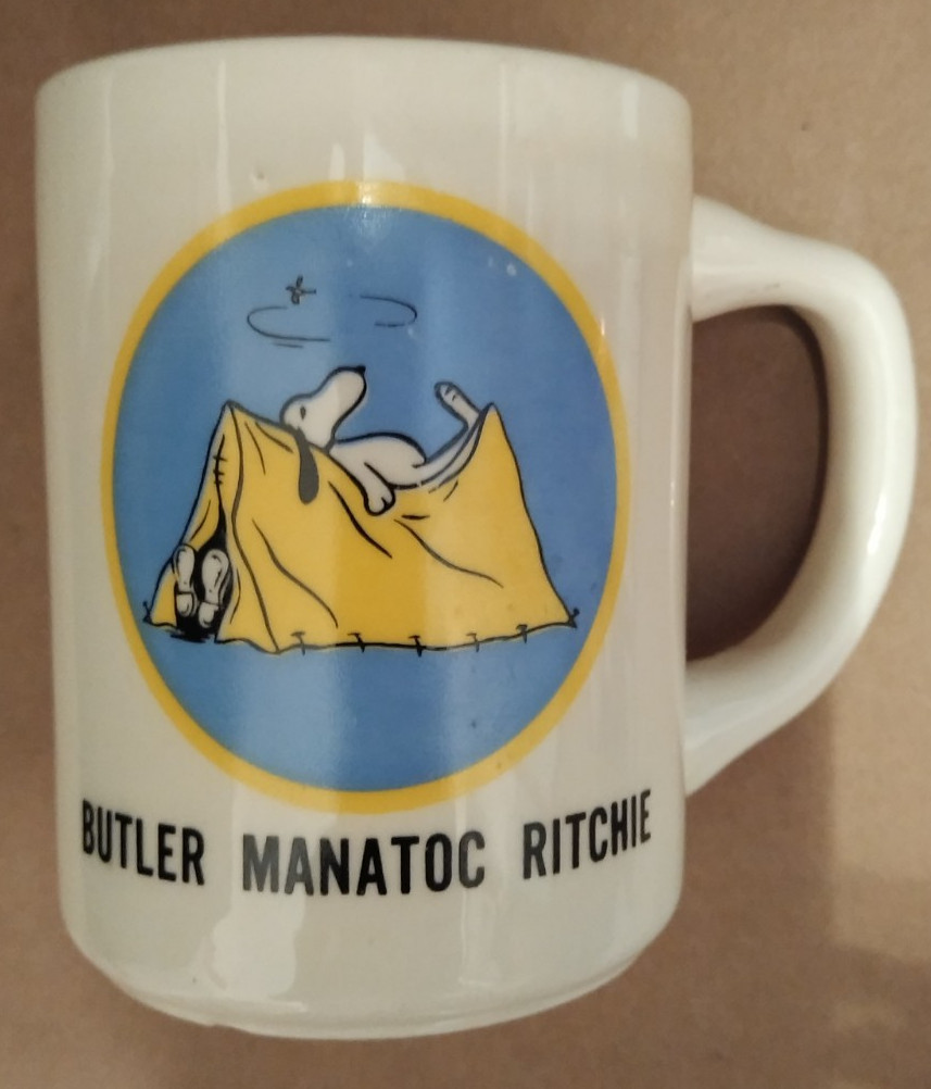 Vintage ? Boy Scouts Snoopy on Pup Tent Mug Butler Manatoc Ritchie Camps ?GTC