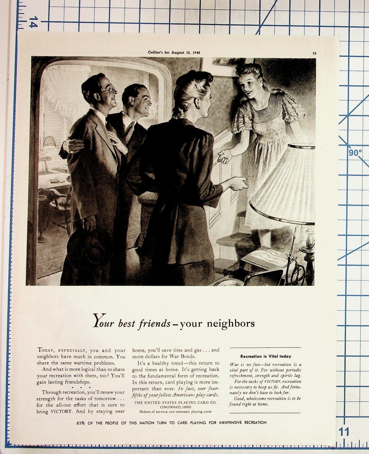 1942 WWII Collier's Magazine Ad US Playing Card Co. Home Recreation War Bonds