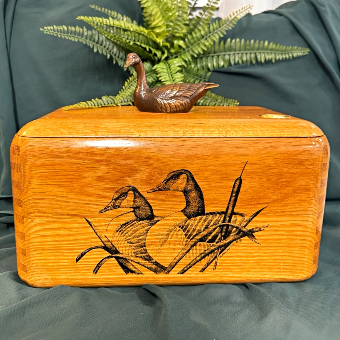 Vintage Wooden Bread Box with Etched Canada Geese, Solid Oak Countertop Storage