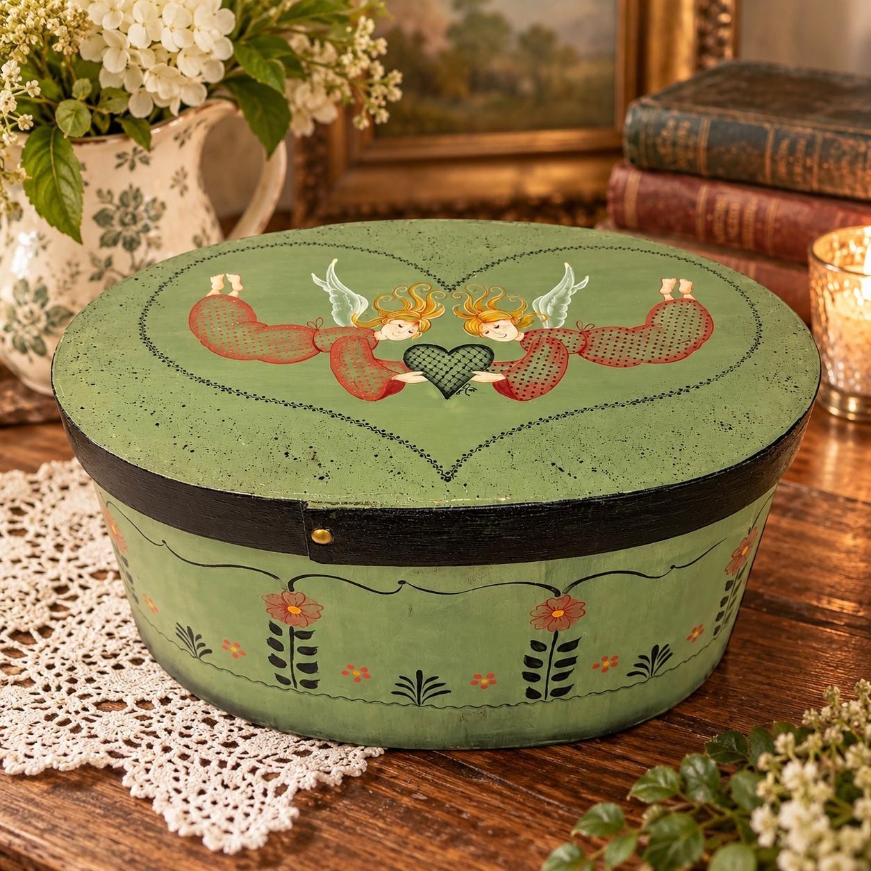 Vintage 1992 Hand Painted Bentwood Oval Box Folk Art Angels Floral 15\