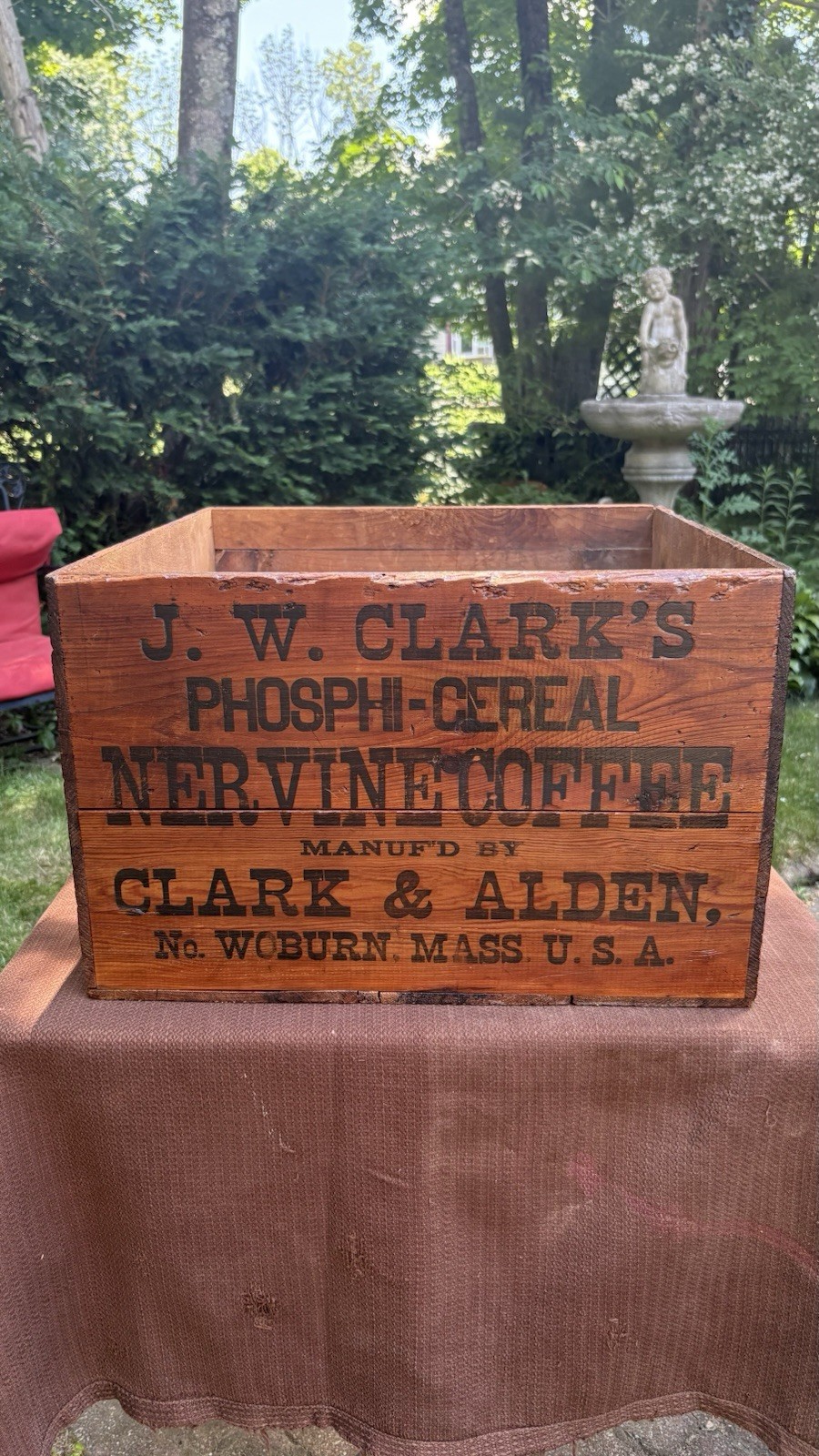 21” X 22” Large Vintage Wooden Crate  NERVINE COFFEE by CLARK & ALDEN WOBURN MAS