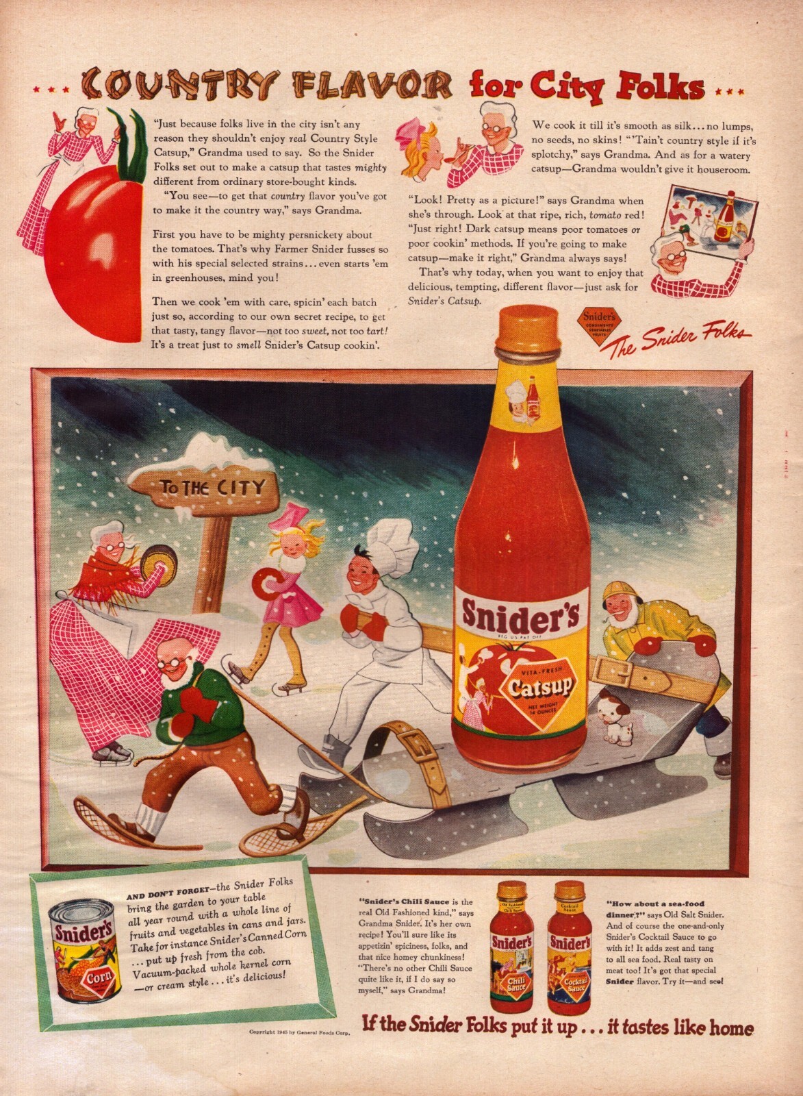 1945 Snider\'s Catsup Print Ad WWII Country Flavor For City Folks