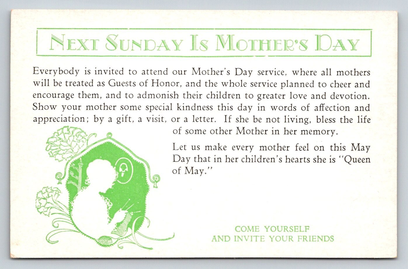 Vintage Mother\'s Day Postcard Invitation Queen of May Silhouette Green Ink
