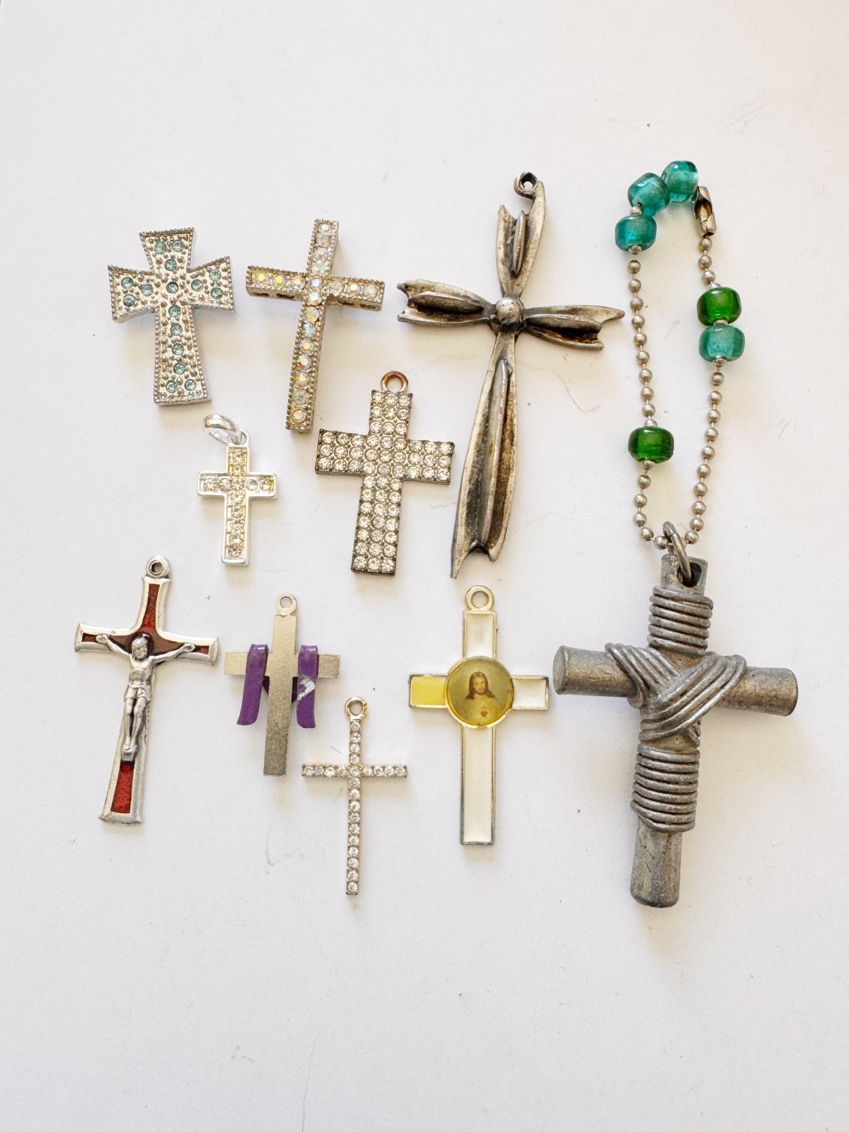 Vintage Cross Pendant Lot 10pcs Rhinestone Religious Christian Jewelry Charms 