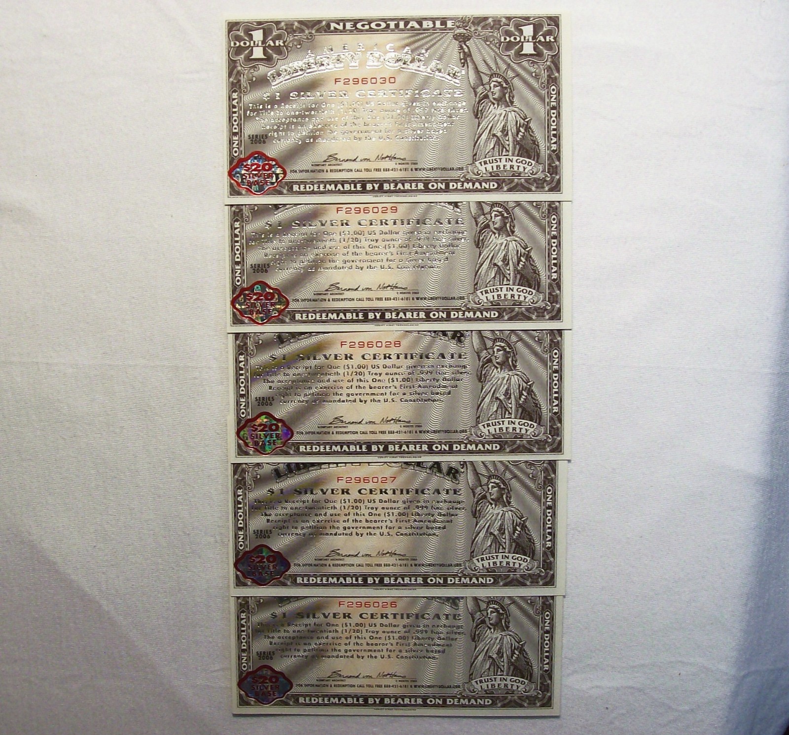 NORFED - Lot of Five 2006 American Liberty Currency $1 Silver Certificates