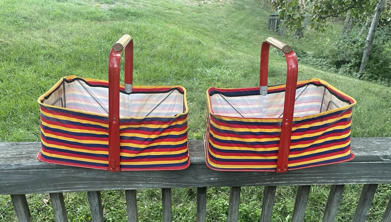 Vintage 1960s-70s Woolworth\'s Pair of Striped Collapsible Shopping Baskets 