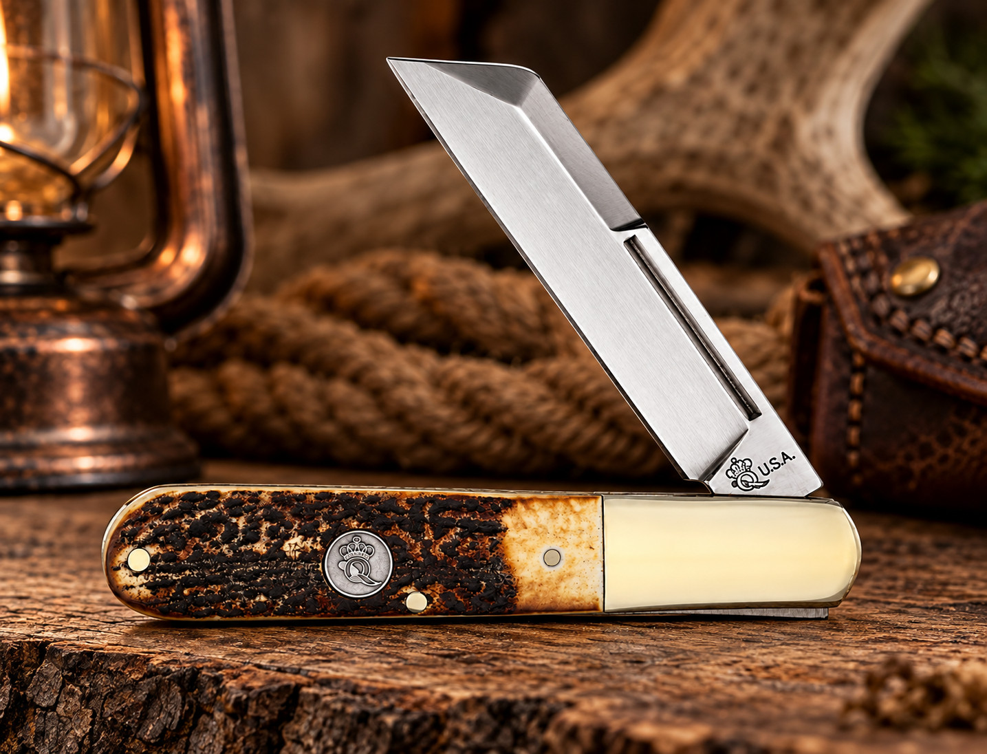 Queen QGSH180 Barlow Wharncliffe Pocket Knife 1095 Burnt Stag Slip Joint Gift