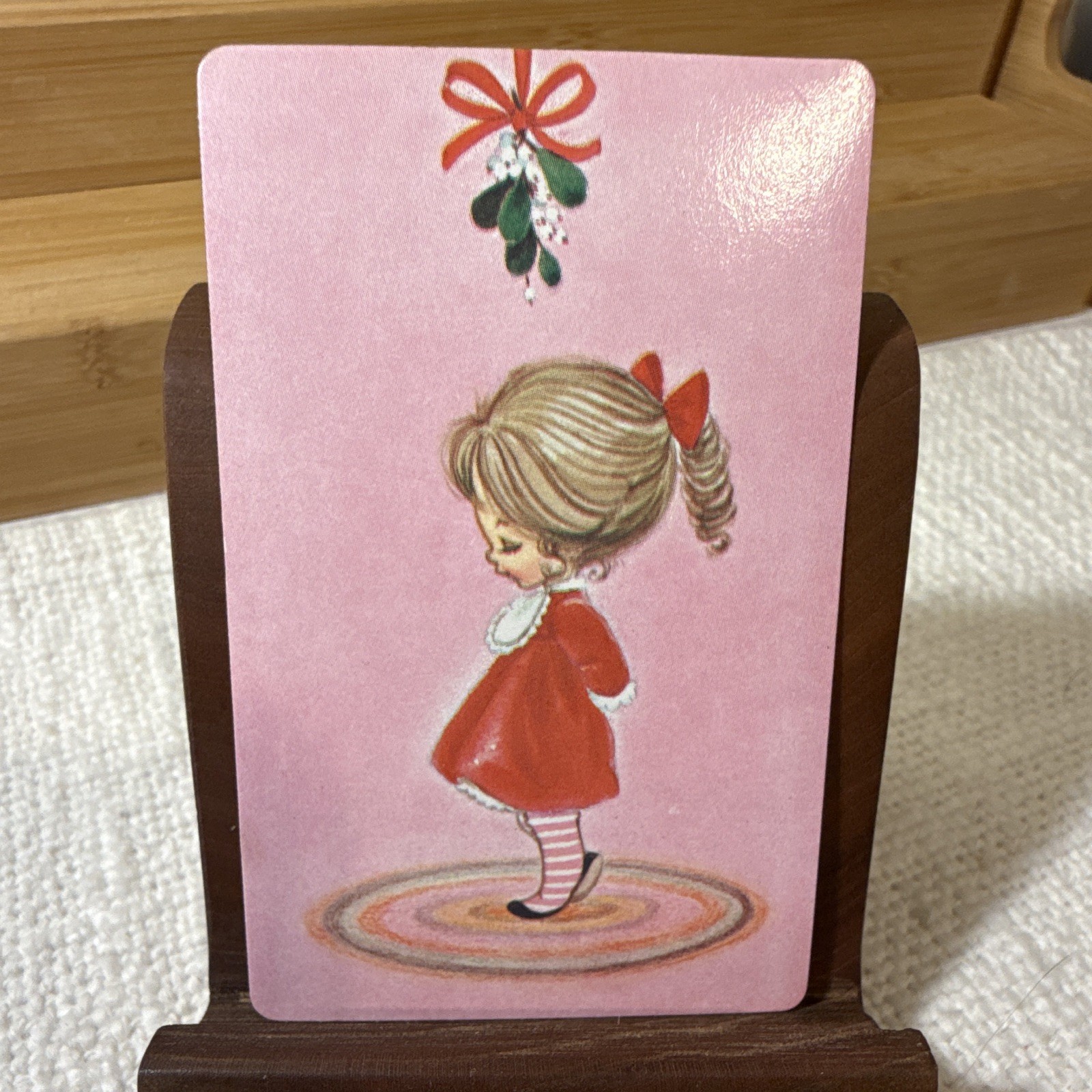 Vintage NOS Kitsch Sweet Girl Single Swap Playing Card/ Mistle Toe/Red/Pink