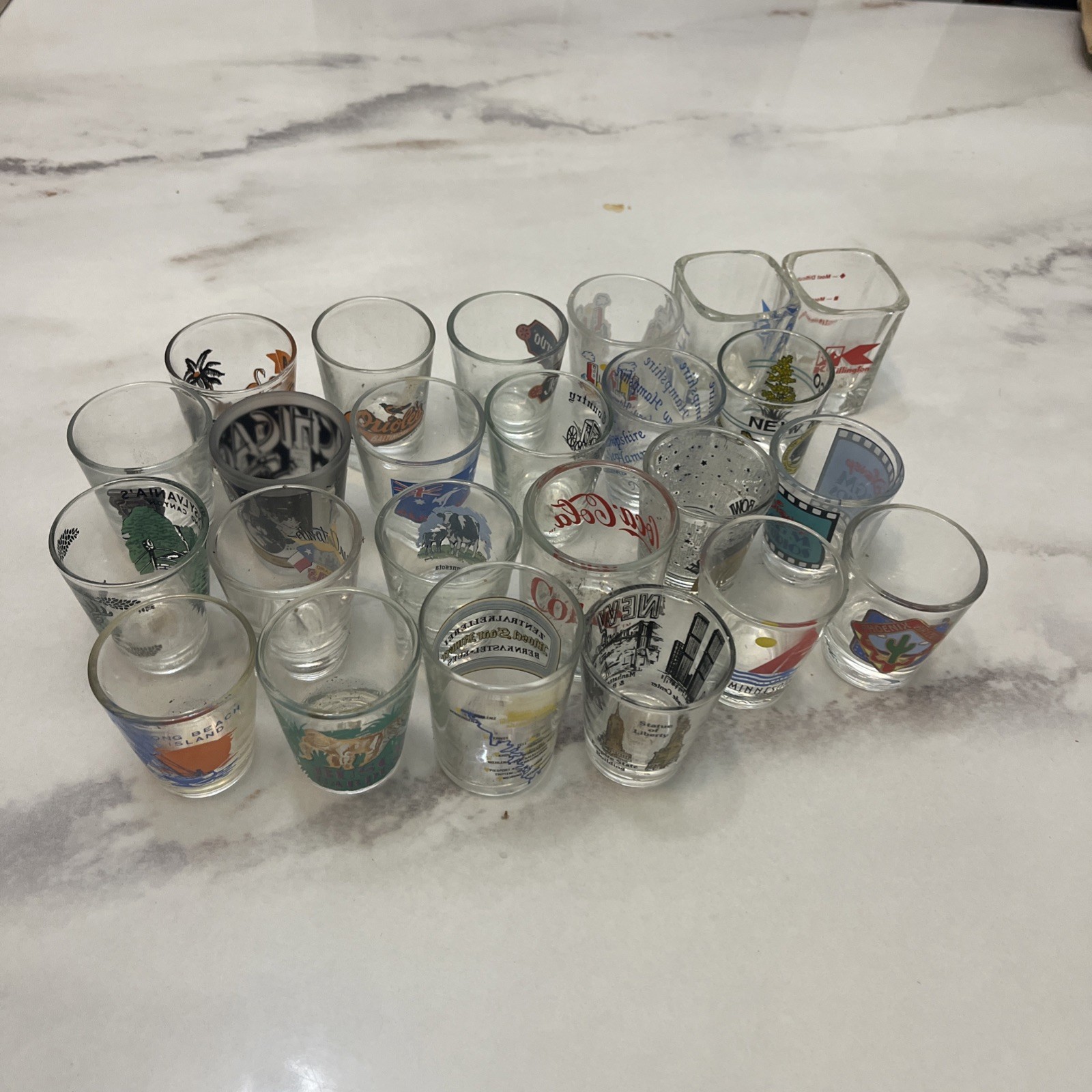 24 Various Shot Glass Lot Collection Souvenir, Vintage And Antique Clear 
