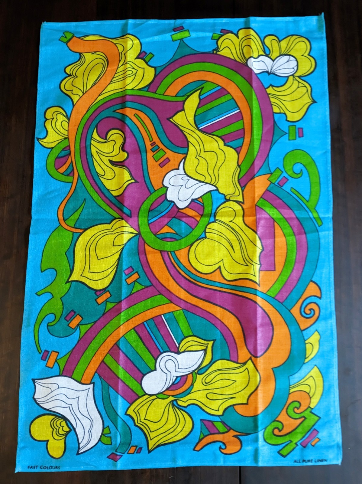 Vintage 1970s Psychedelic Linen Tea Towel Czechoslovakia Retro Ribbon Floral 