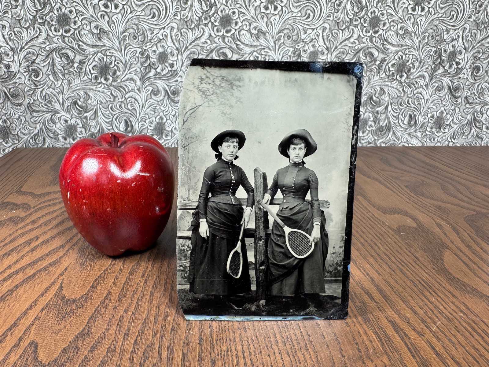 Rare Antique Photo Photograph Women Tennis Players Metal Tintype Victorian