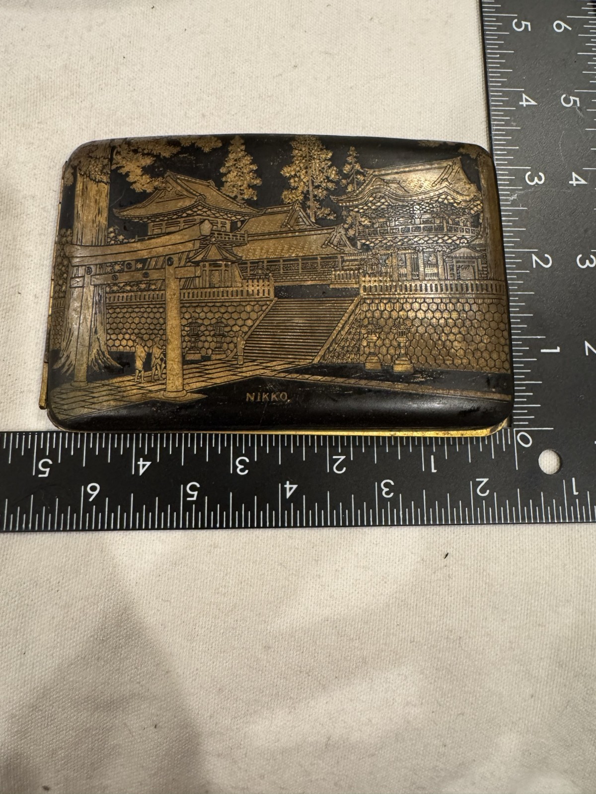 WWII Era Japanese Damascene Cigarette Case - Nikki Temple and Mt. Fuji