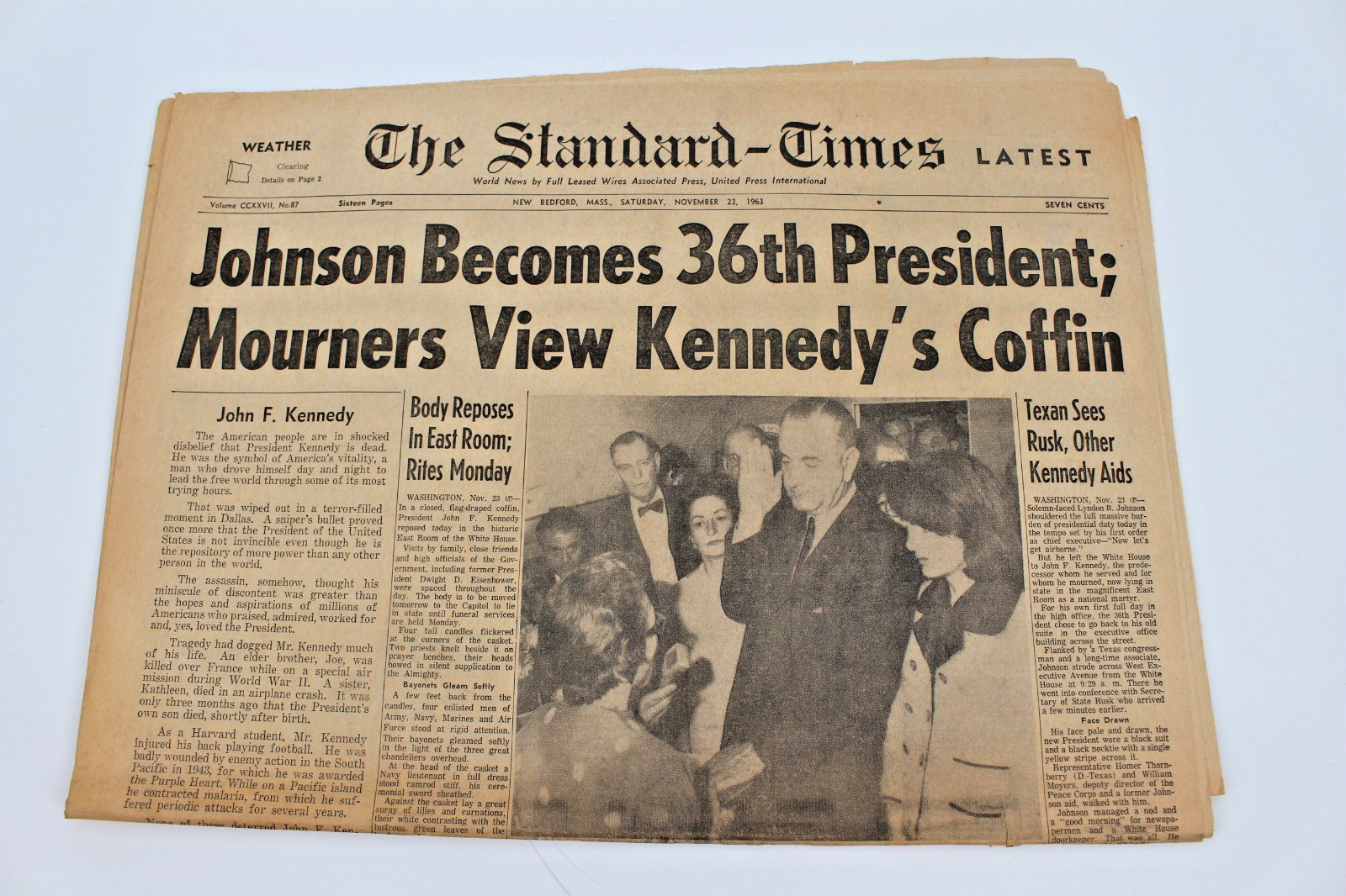 Original Nov 23 1963 The Standard Times – Johnson Becomes 36th President  – JFK