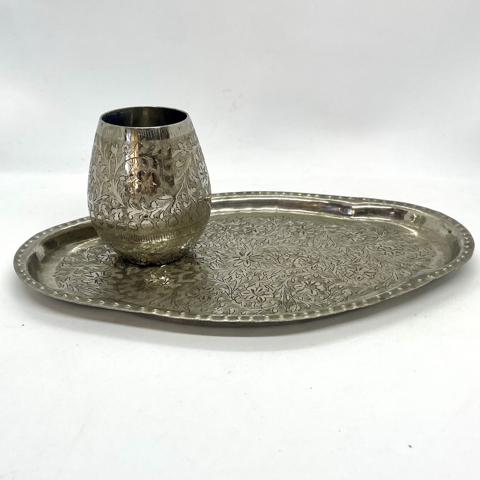 Vintage Silver Plated Brass Tray and Cup Set Hand Engraved Floral India ZY
