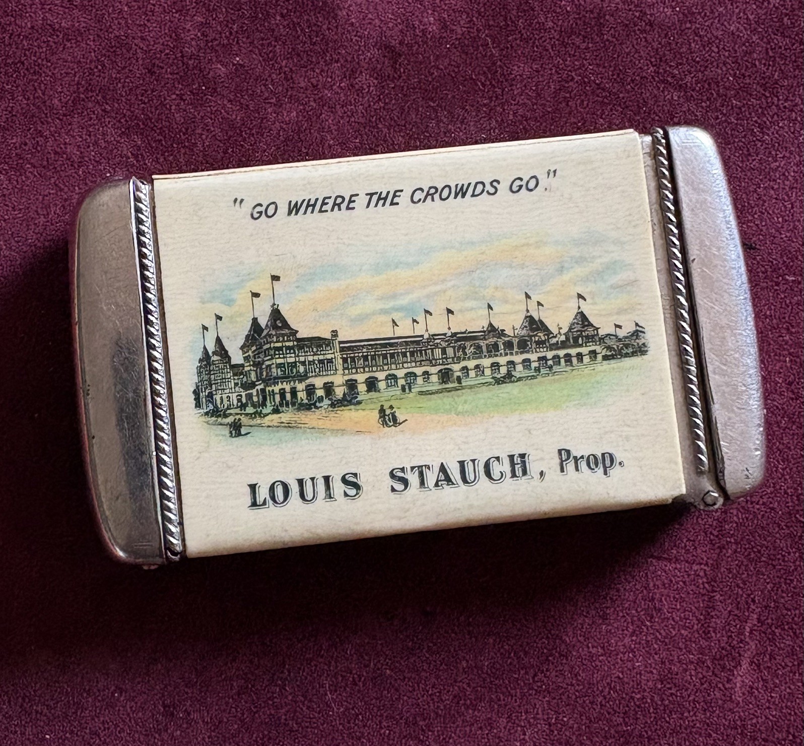 1890s STAUCH\'S CONEY ISLAND ADVERTISING MATCH SAFE CELLULOID WHITEHEAD & HOAG Co