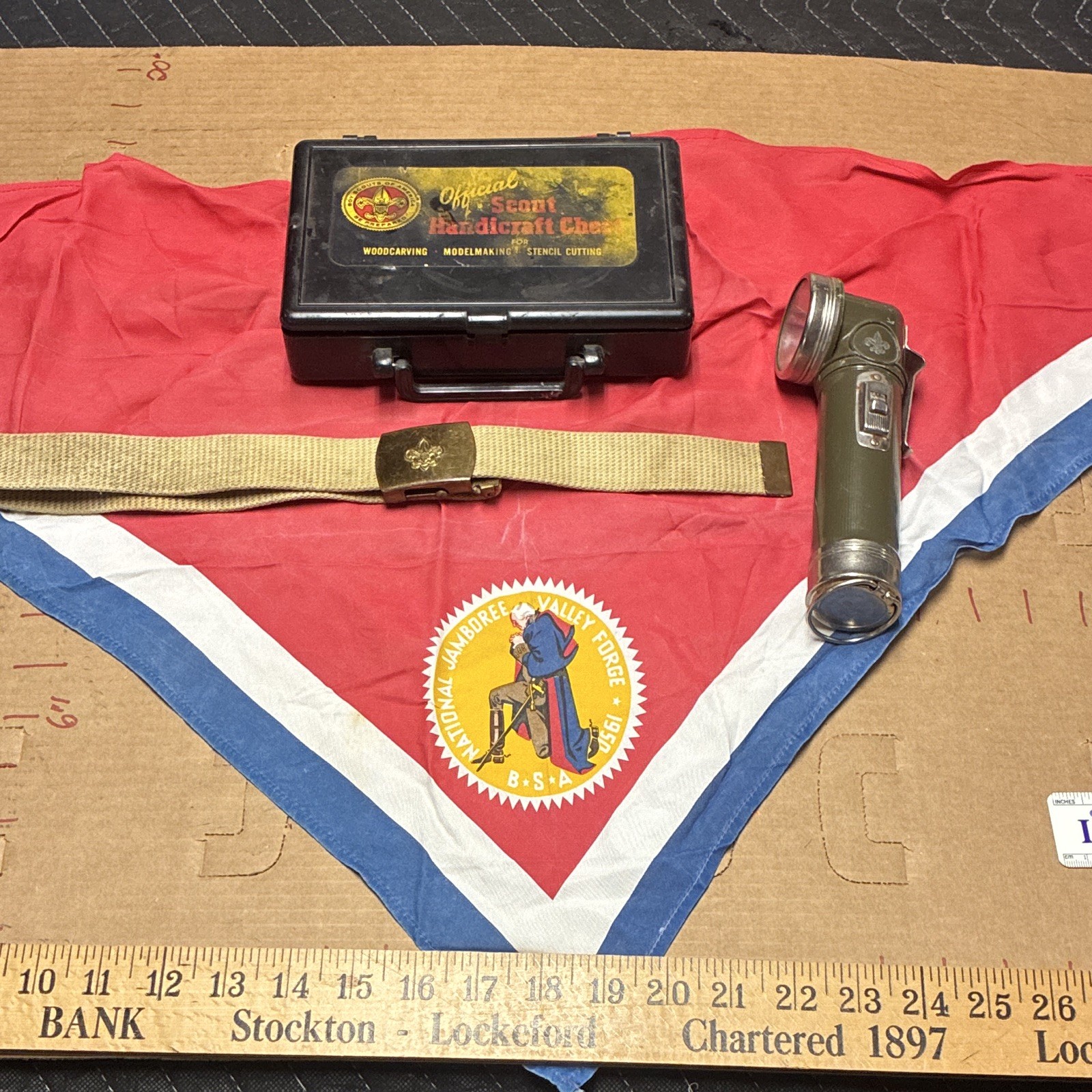 collection of vintage Boy Scouts of America (BSA) memorabilia from the 1950