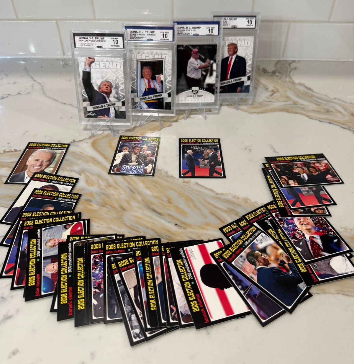 Lot: 4 TRUMP Cards 2024 Leaf/Assassination Graded 10 + 2008 Election Obama (35)