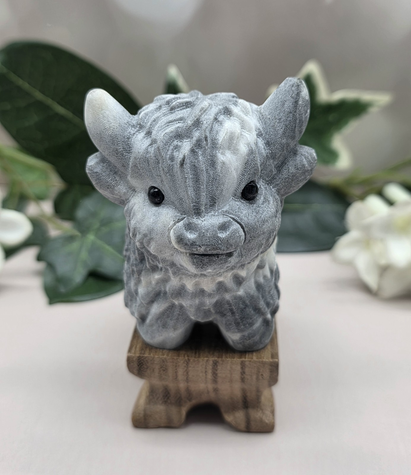 Picasso Jasper Highland Cow Carving Picasso Marble Crystal Cow w Wood Stand