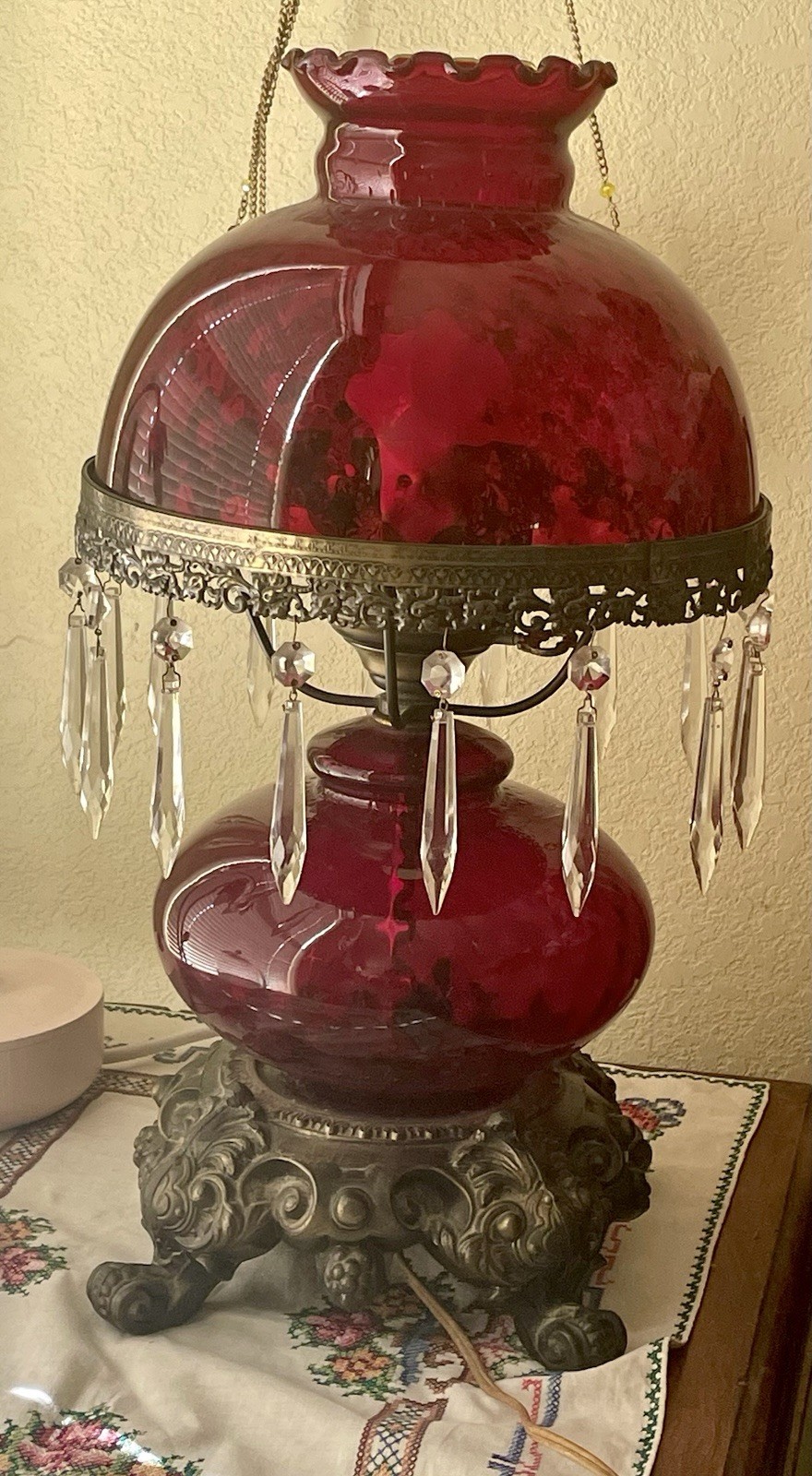 Vintage Red Glass Lamp Gone With The Wind GWTW Electric Parlor Oil Lamp Rare