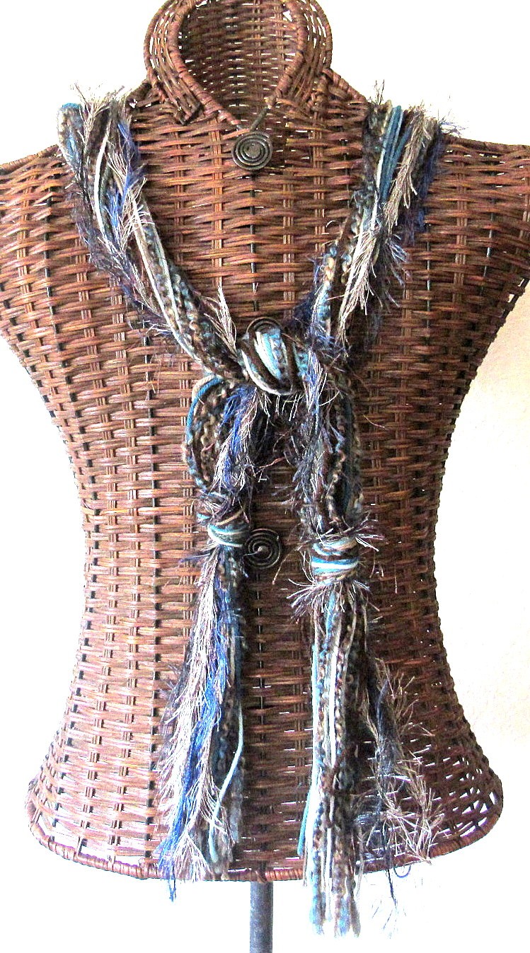 Brown Teal String Scarf 71 inch long Multi Strands Yarn Winter Wash Dry Handmade