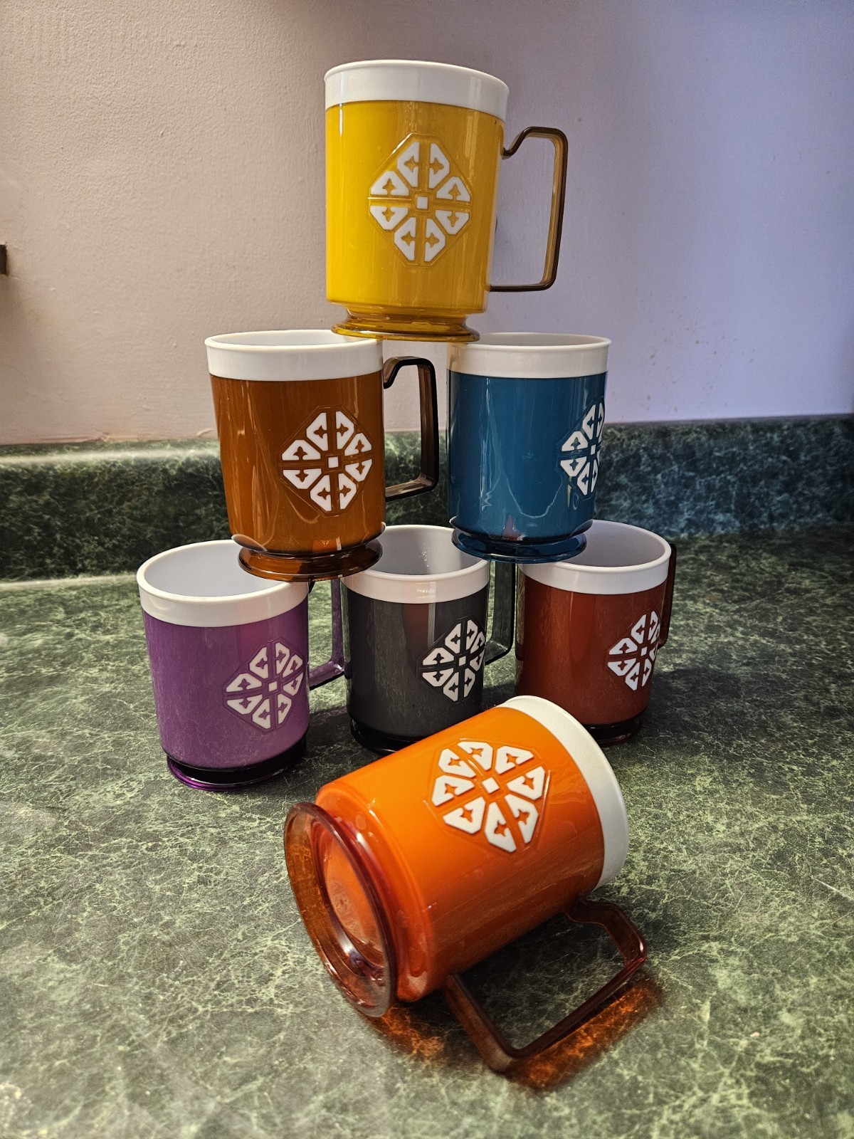 VTG Chalet Mugs Set of 7 MCM Insulated Plastic Footed Rainbow Harvest Colors USA