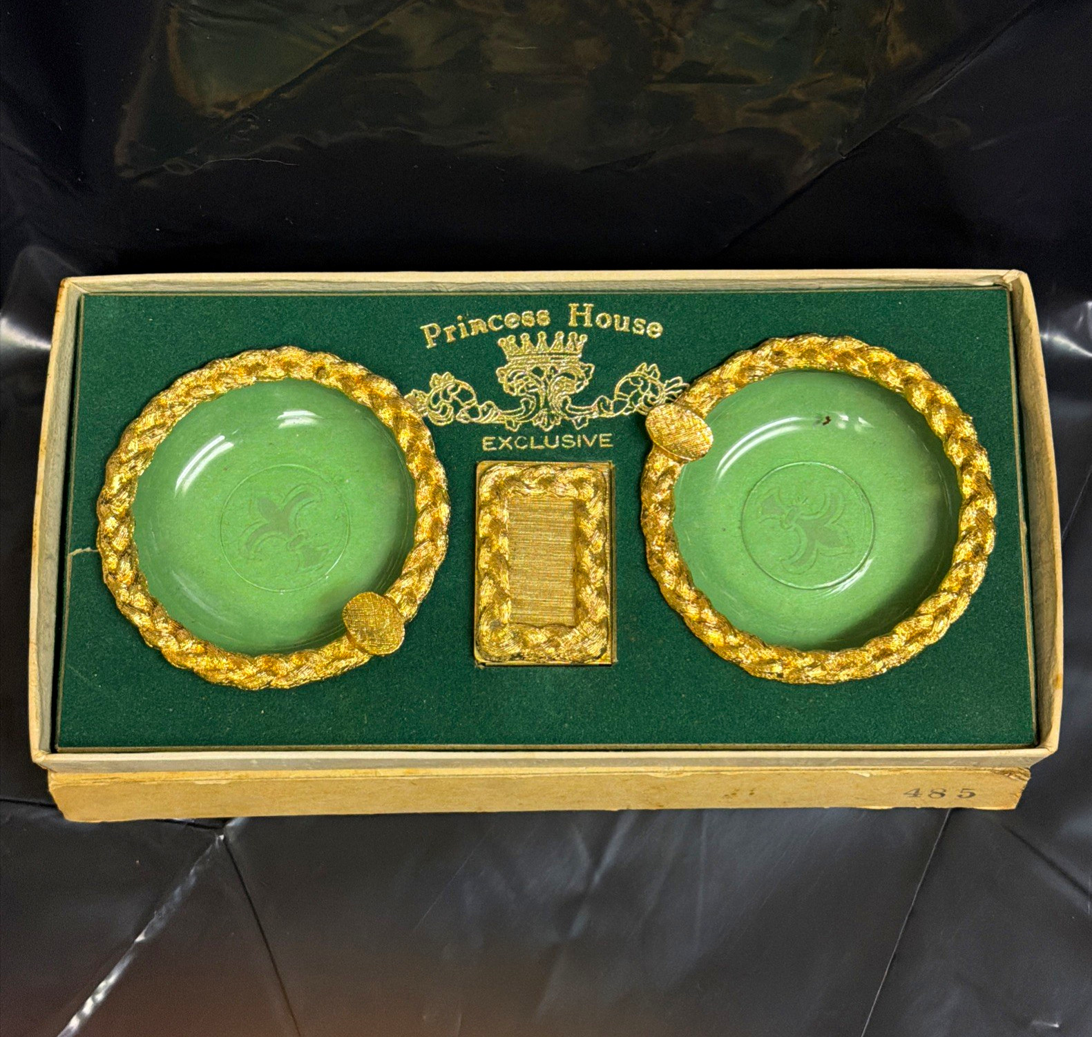 Vintage Princess House Crystal Ashtray Set Gold Trim Match Box Mid Century
