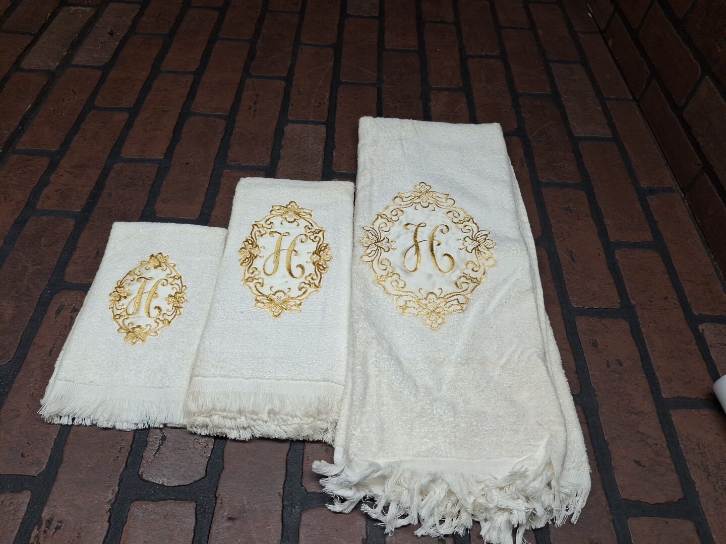 Vintage White Towel Set Gold Embroidered H Made In USA
