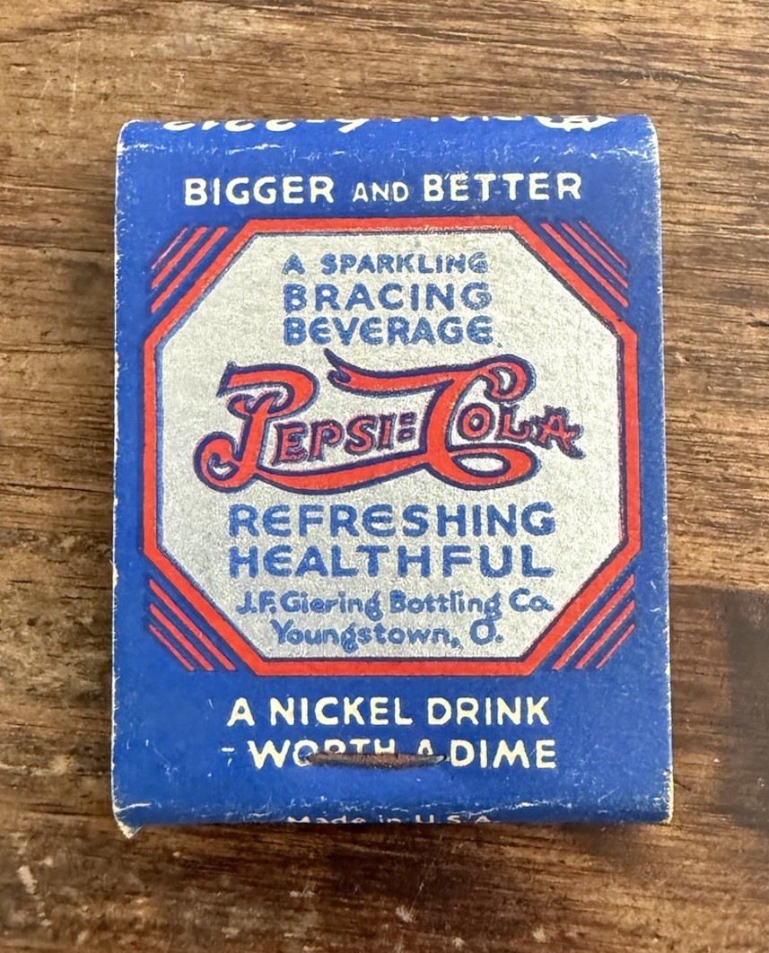 K122 Vintage 1930s Pepsi Cola Matchbook J.F. Giering Bottling Co Youngstown Ohio