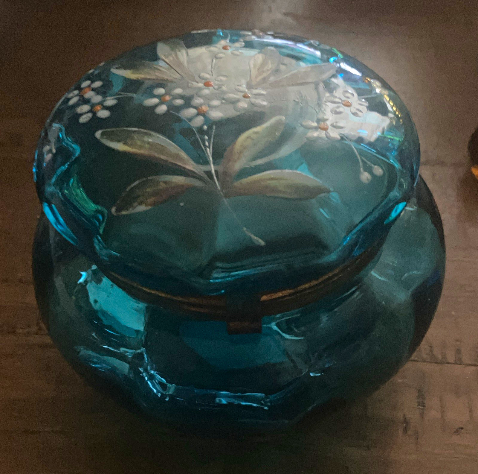 Antique blue aqua glass hand painted French pill box.