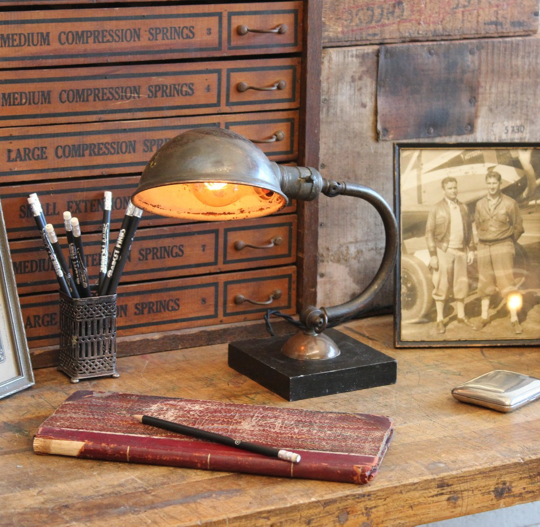 Vtg Antique Art Deco Copper Industrial Desk Table Lamp Light Greist Slate Base