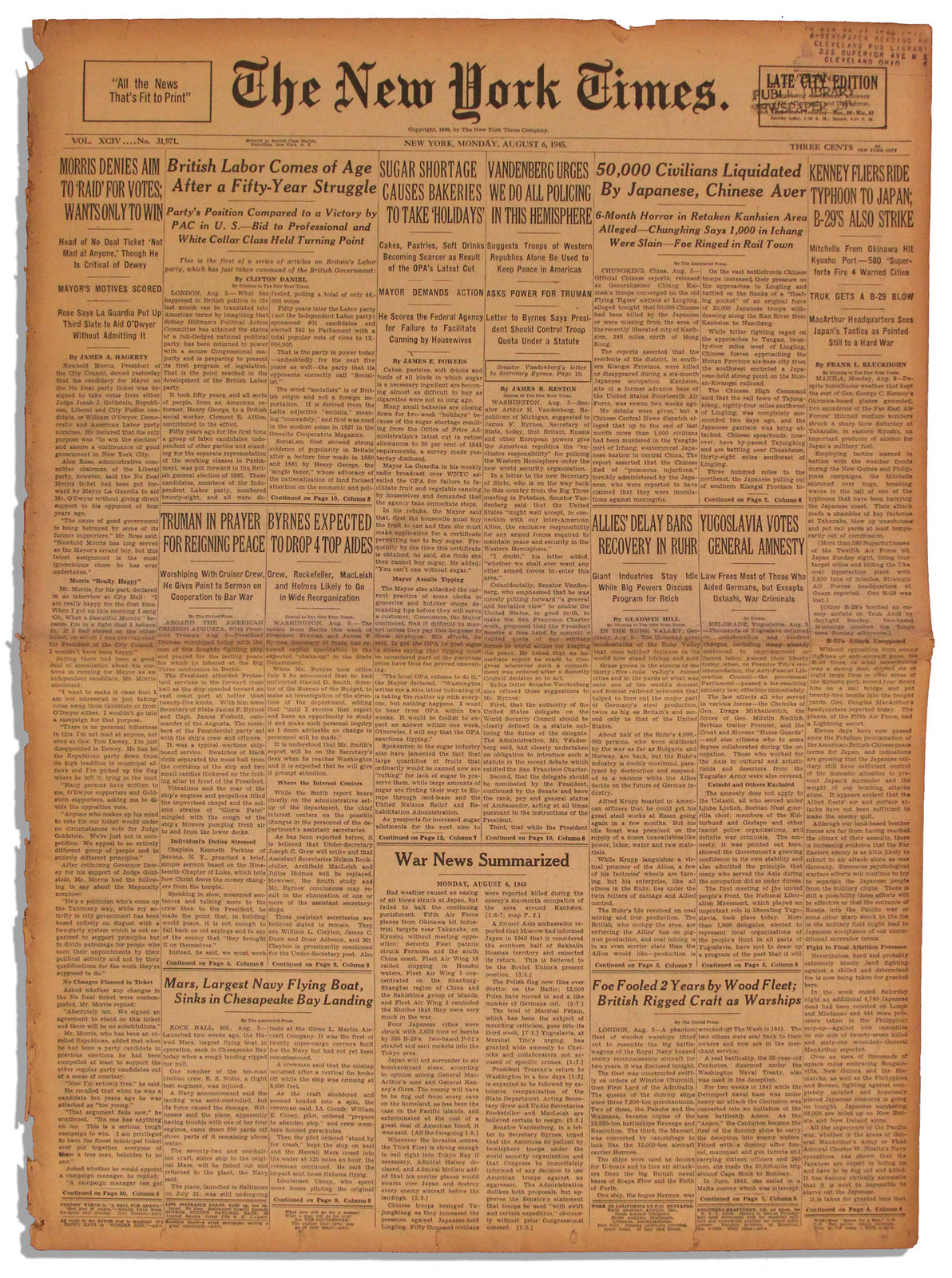 6 August 1945 Hiroshima Day New York Times Newspaper