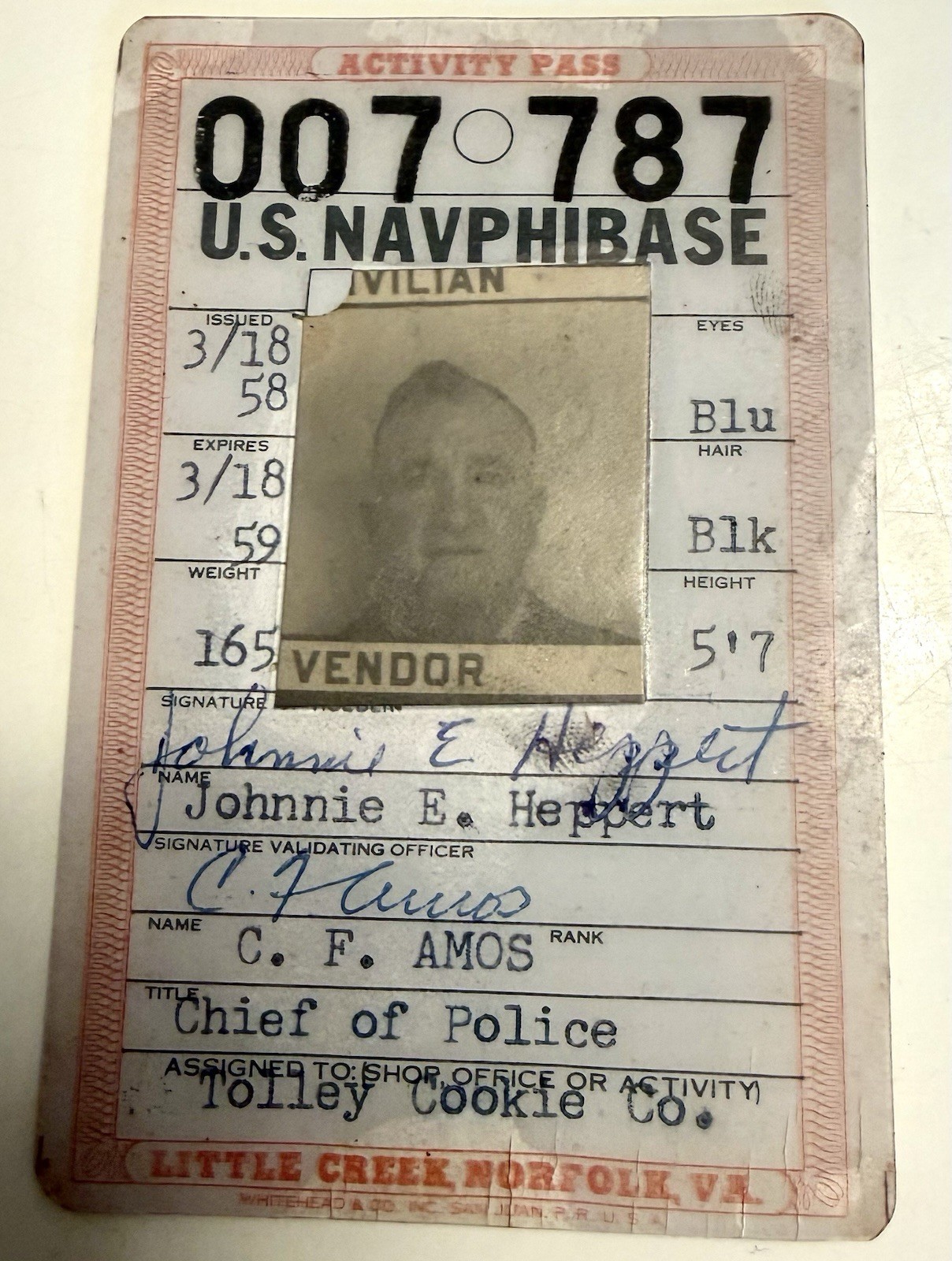 Vintage 1958 US Naval Amphibious Base Photo ID CARD Tolley Cookie Company Civil