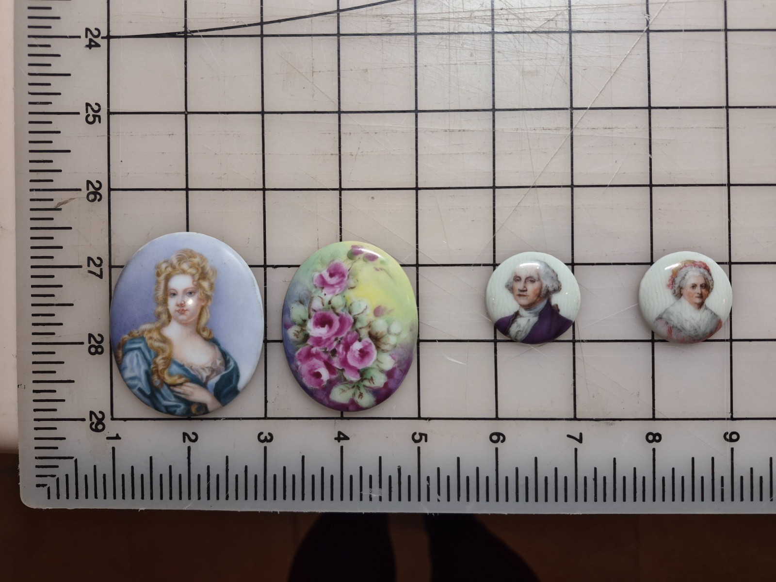 George & Martha Washington Czech Miniature Plaques + Baroque Lady & Floral Ovals