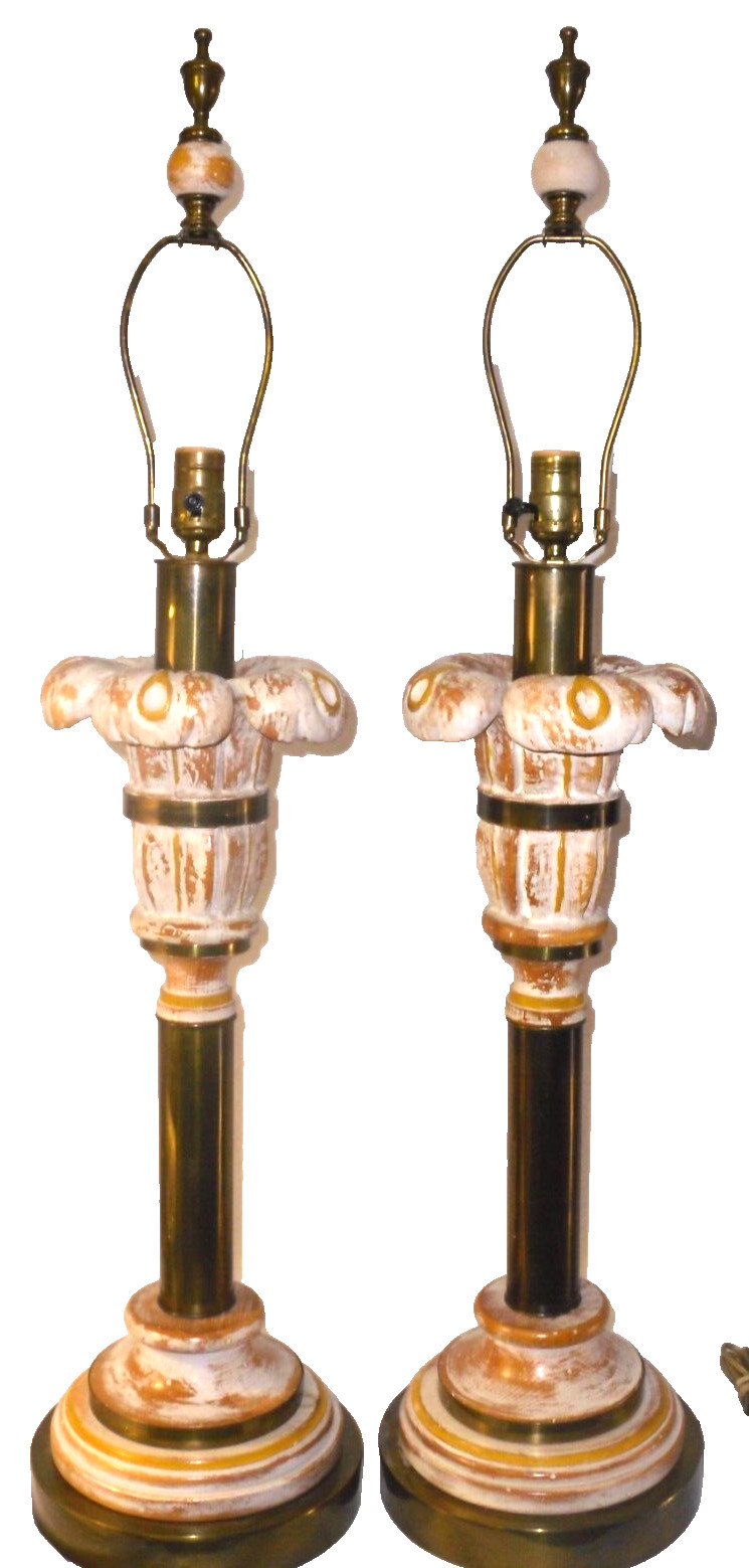 Vintage Mid Century Hart Associates Brass & Wood Palm Tree  Table Lamps 39