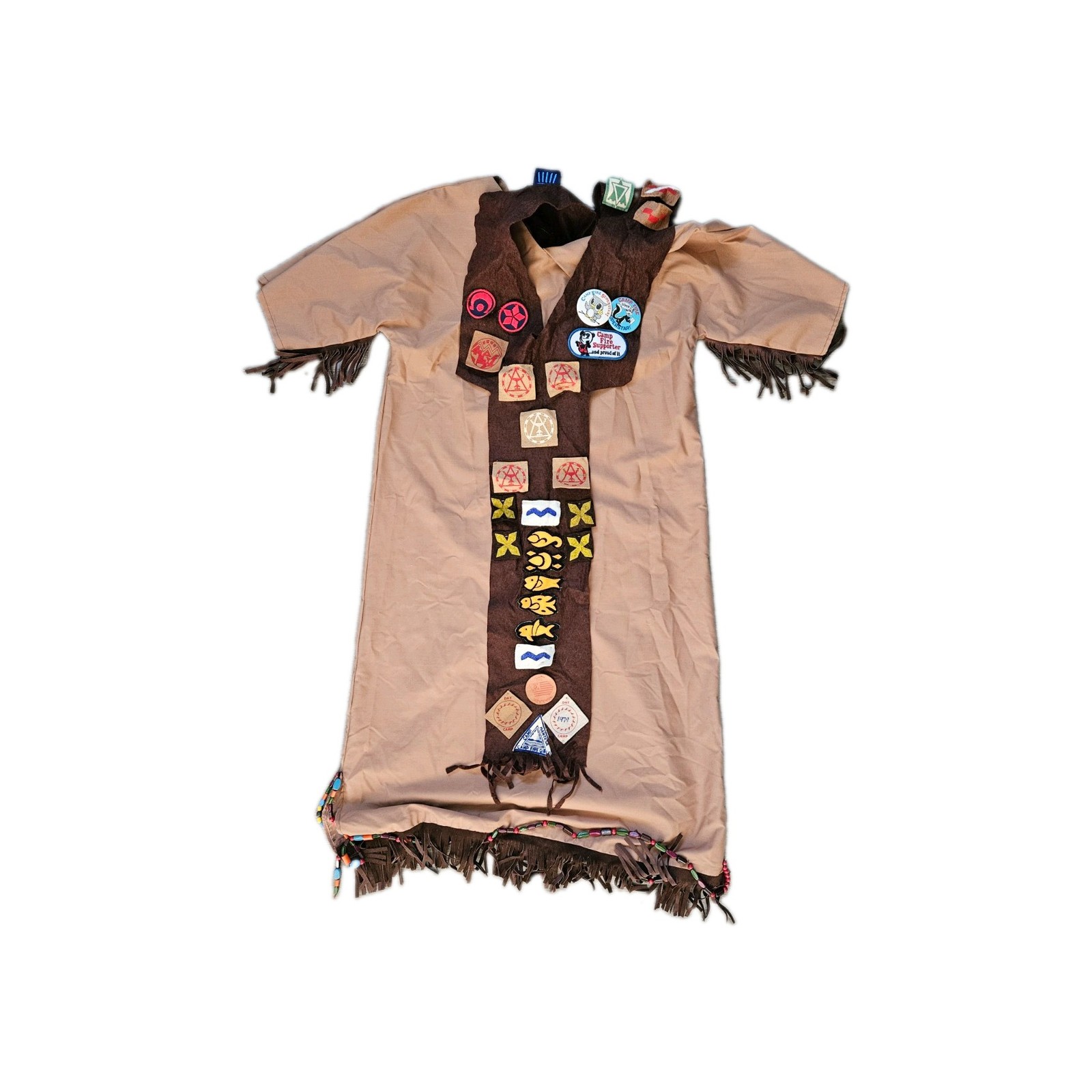 Vintage 70s Girl Scouts Campfire Girl Ceremonial Gown Dress Patches Pins Fringe