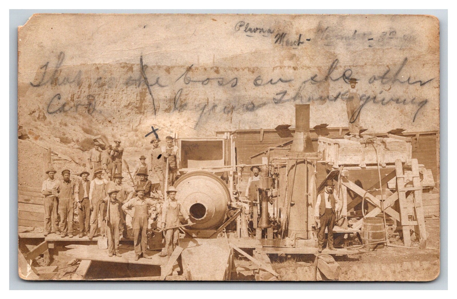 RPPC ~ PLEVNA MT ~ Work crew & Steam Donkey ~ Occupational , overalls