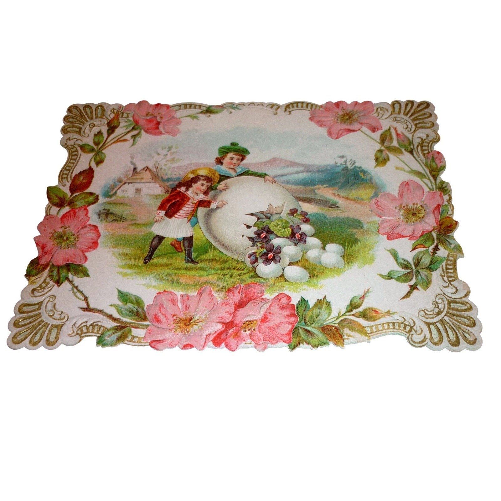 Antique Victorian Trade Card C. D. Kenny Tea Coffee Children Giant Egg Roses