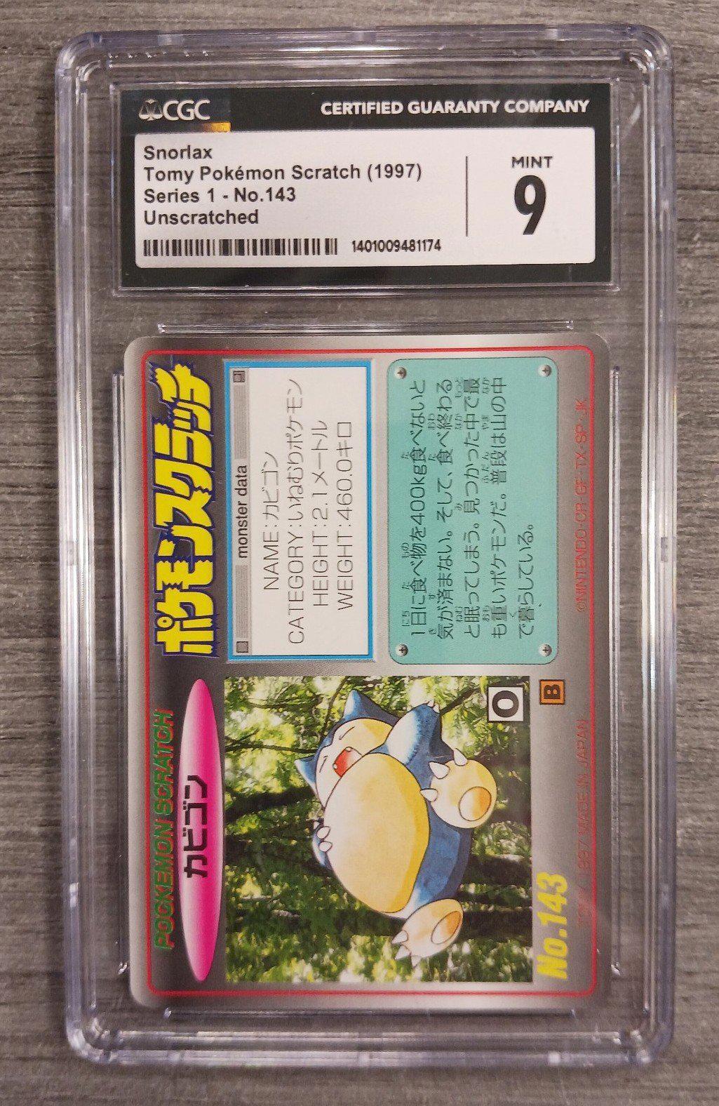 CGC 9 Snorlax Tomy Pokémon Scratch (1997) Series 1 - No.143 Unscratched
