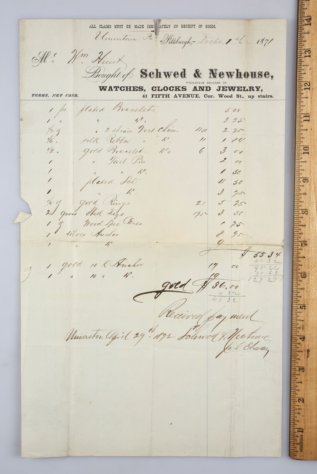 Vintage 1871 Letterhead Invoice Receipt Schwed & Newhouse Jewelry Pittsburgh
