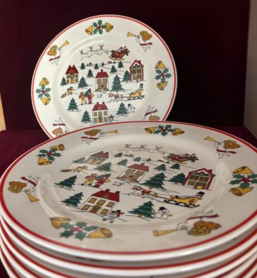 Jamestown China The Joy Of Christmas Set of  4 Dinner Plates 1987 Bells Trees