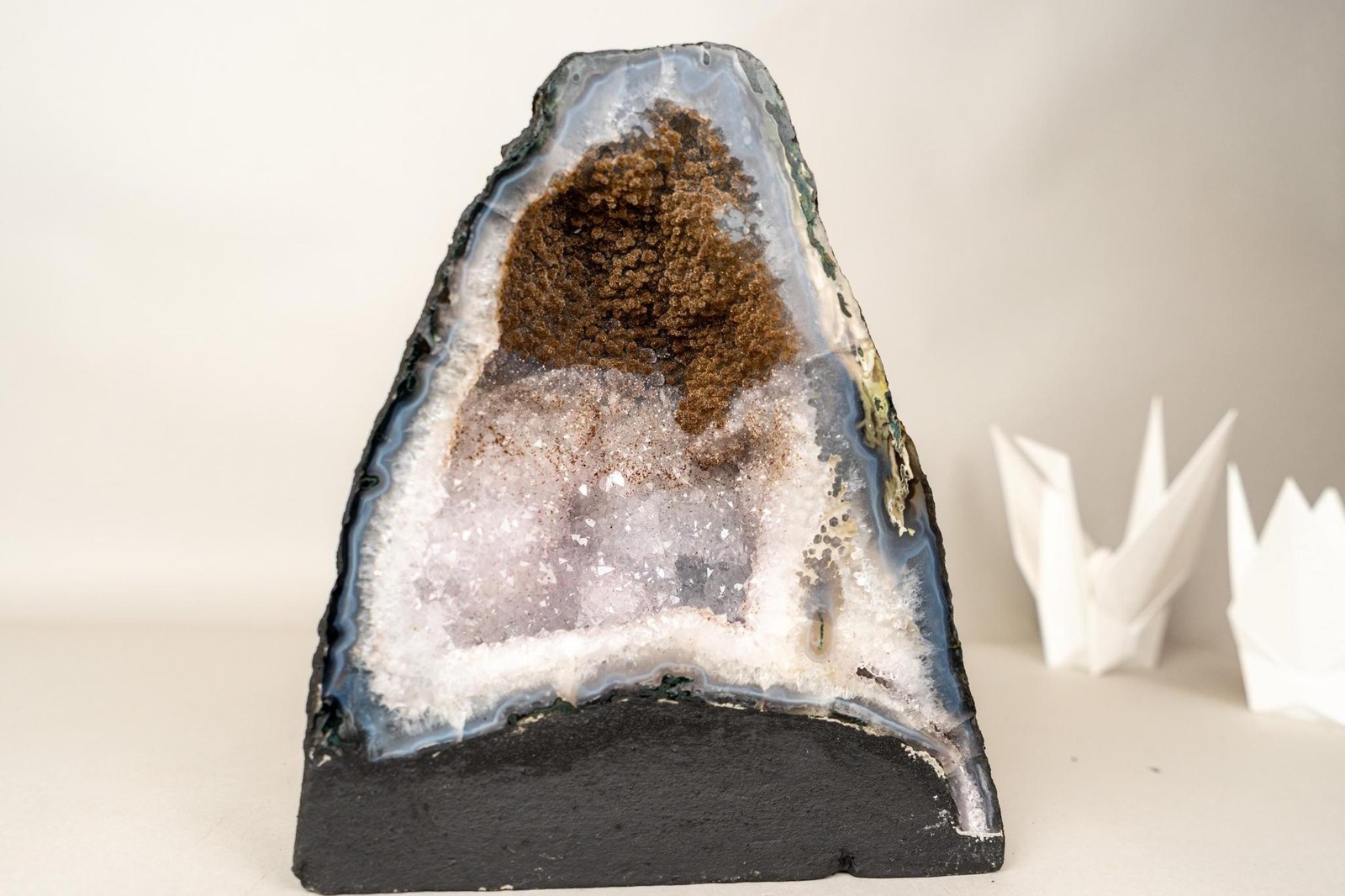 Collector’s Bi-Color Agate Geode with Sparkly Sugar Druzy and Rare White Amethys