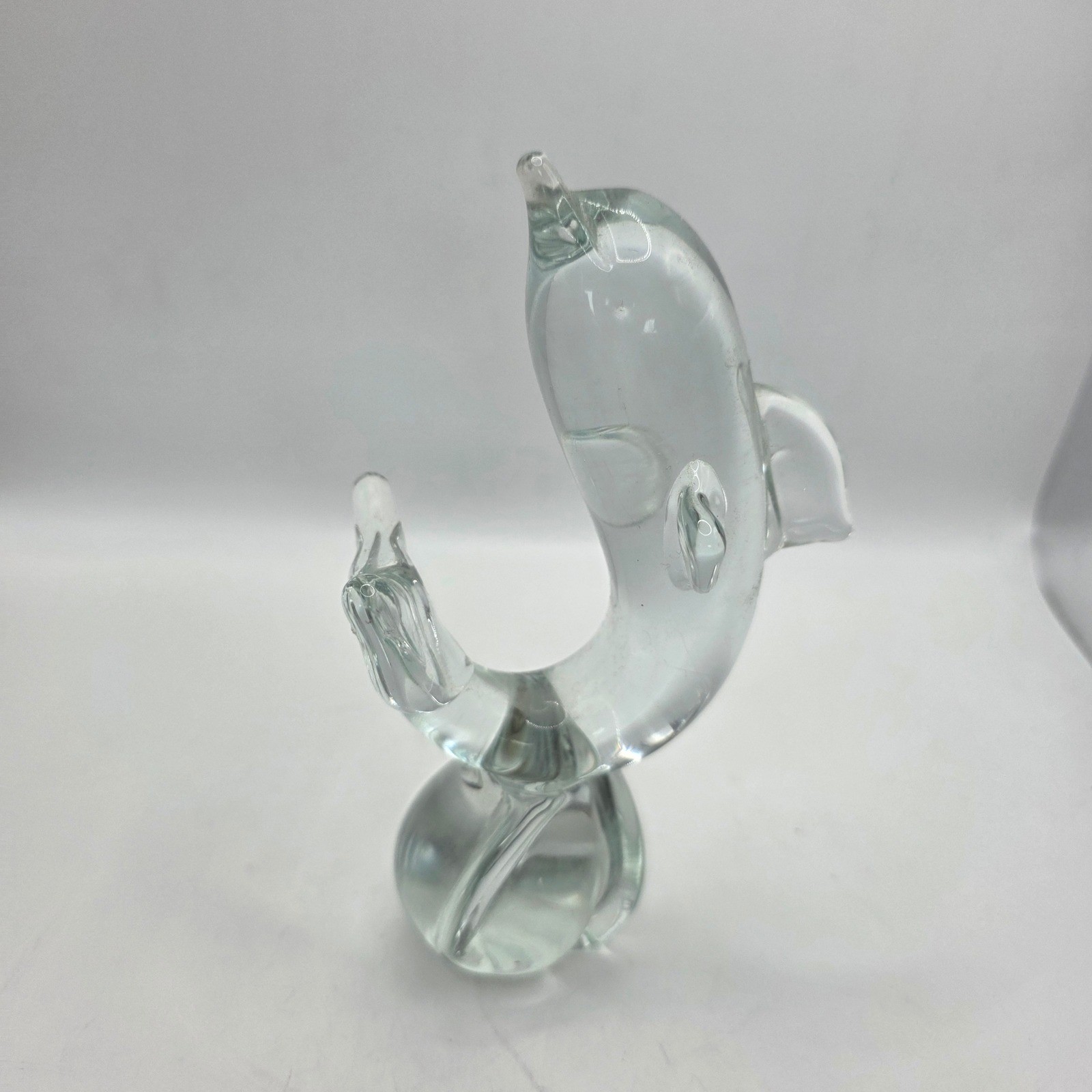 Signed 1981 Clear Art Glass Dolphin Sculpture Figurine Vintage Studio Glass