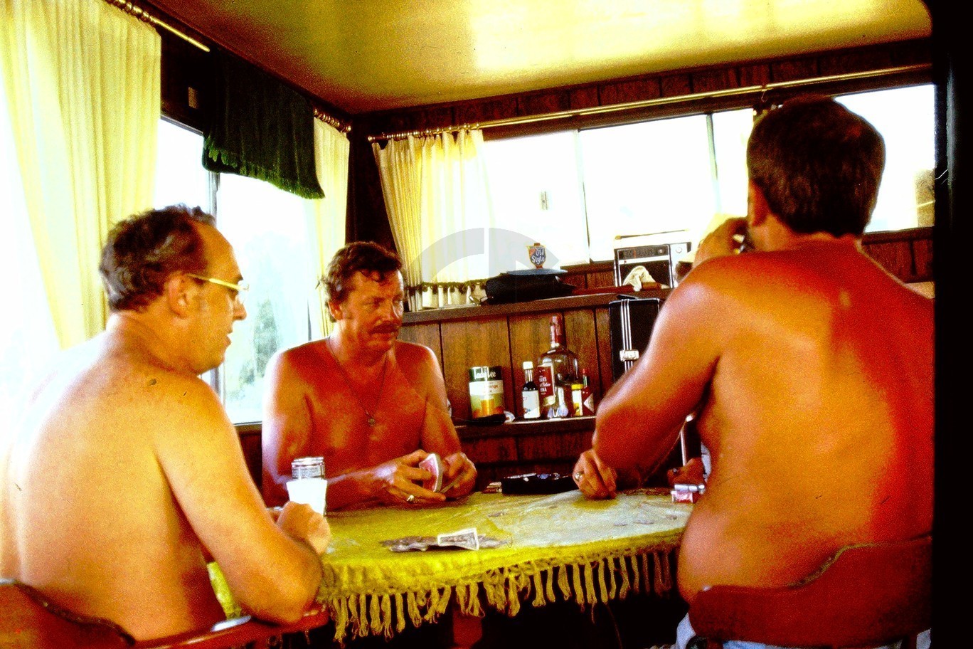 Shirtless Mature Dad Bod Men Playing Card Game @ Cabin: 1970\'s 35mm Slide