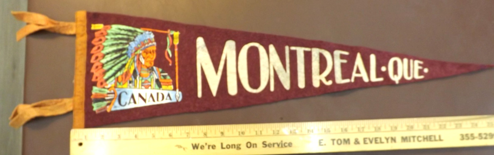 VINTAGE 1960s MONTREAL QUEBEC CANADA PENNANT banner INDIAN CHIEF
