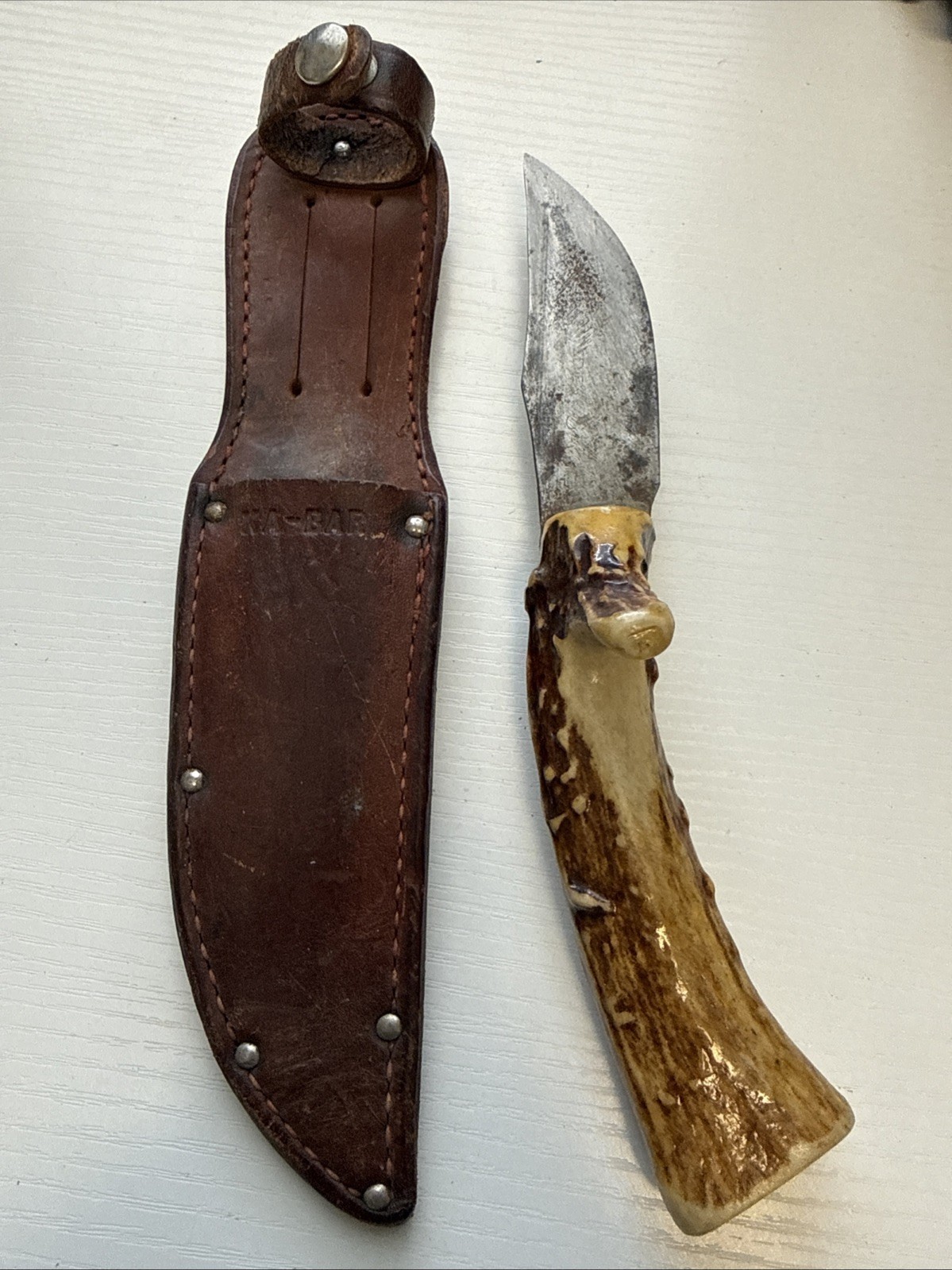 Vintage Swedish Antler Handle Hunting Skinning Knife Faint Sandvik Sweden Mark