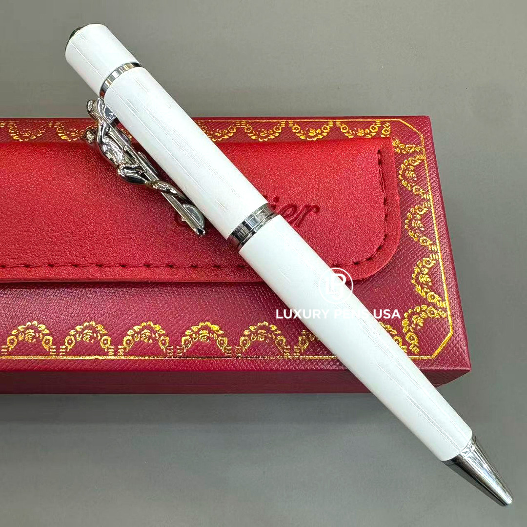 CARTIER Panthère Large White Silver Tone Ballpoint Pen Luxury Rare VIP