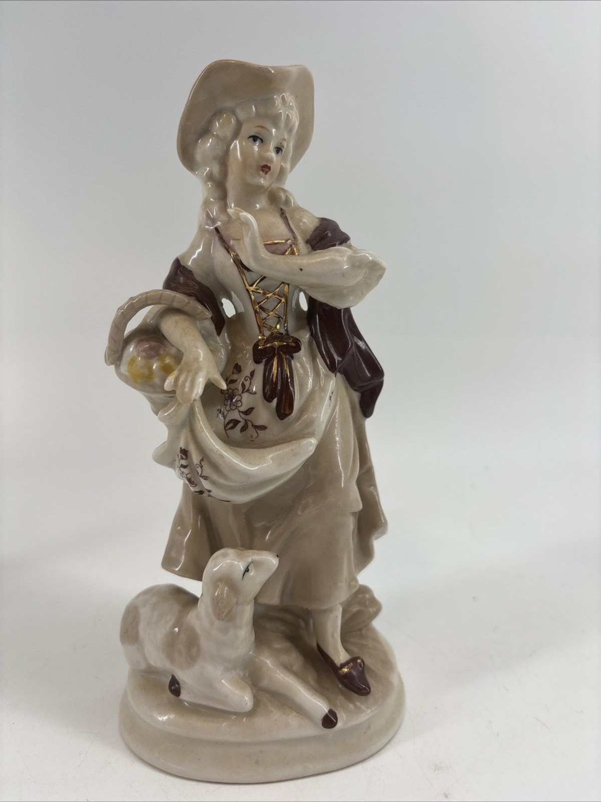 Beautiful Vintage Porcelain Figurine of Flower Lady with Lamb 8.5\